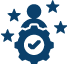 Gear with check mark and person with 4 stars blue icon