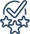 Check mark with 3 stars blue icon