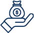 Hand holding money bag blue icon