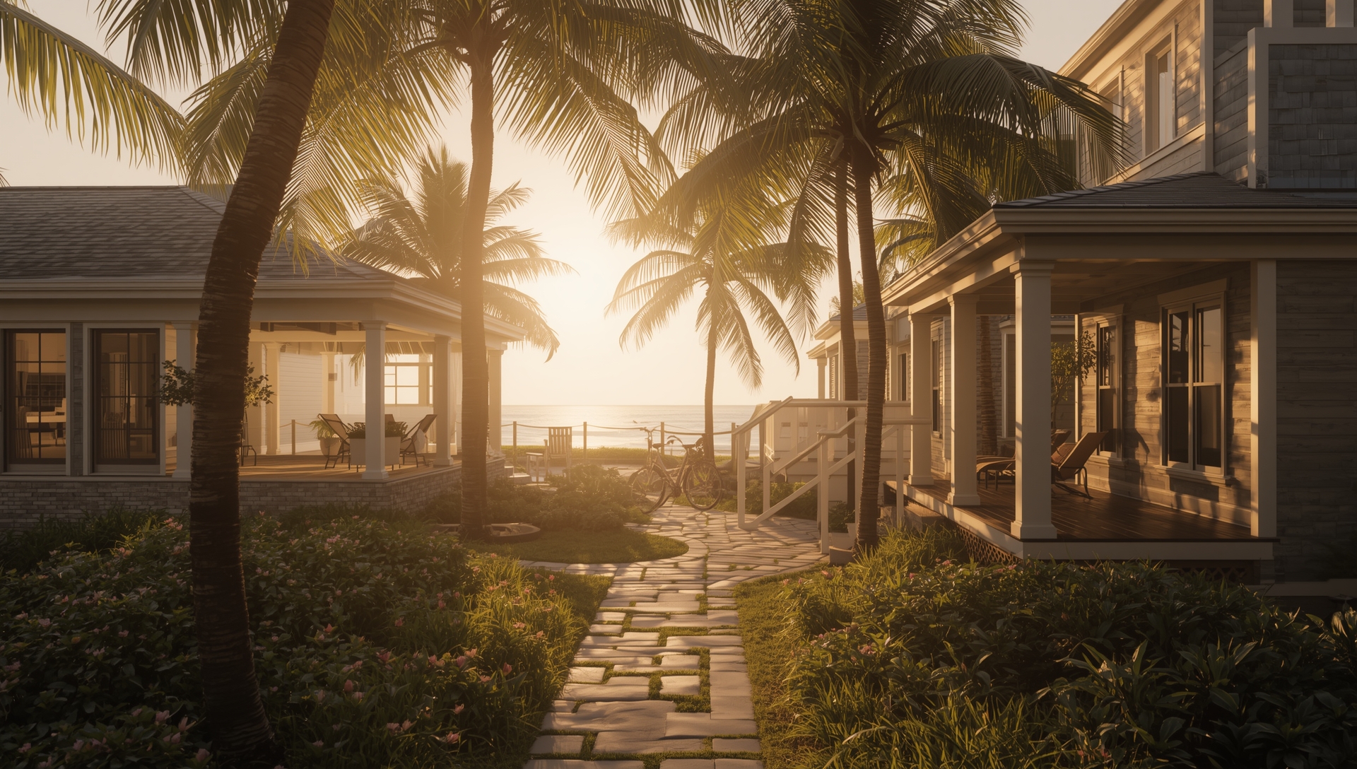 Luxury vacation homes on Anna Maria Island surrounded by palm trees under warm coastal sunlight.